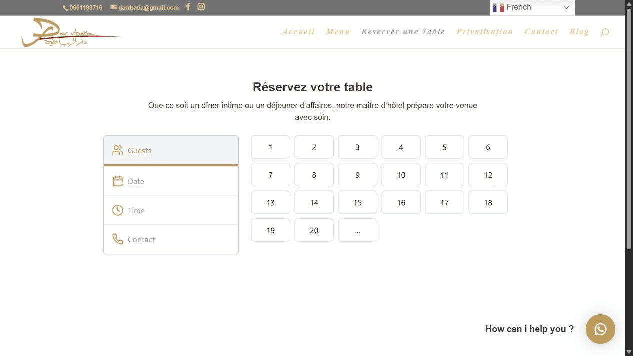 Dar Rbatia — La réservation demande le strict nécessaire : date, convives, contact.