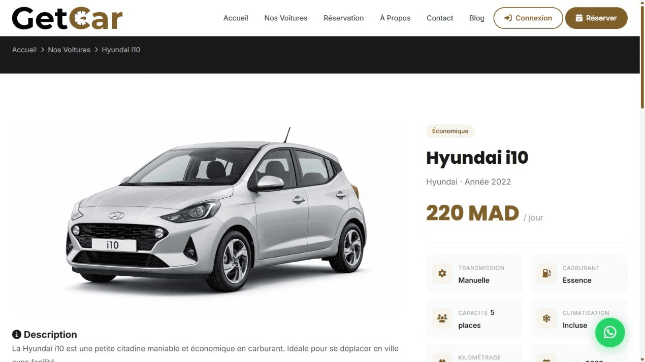 GetCar — La fiche rassemble caractéristiques et conditions au même endroit, avec l'action de réservation toujours accessible.