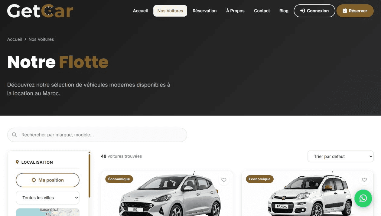 GetCar — La flotte s'affiche en grille filtrable : recherche, localisation et catégories restent visibles pendant le tri.