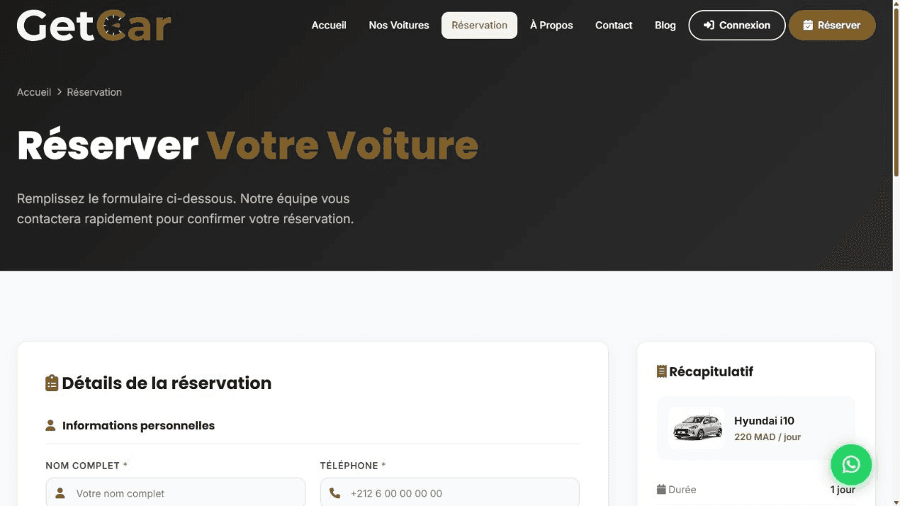 GetCar — Le formulaire arrive pré-rempli du véhicule sélectionné : le client complète les dates, pas le contexte.