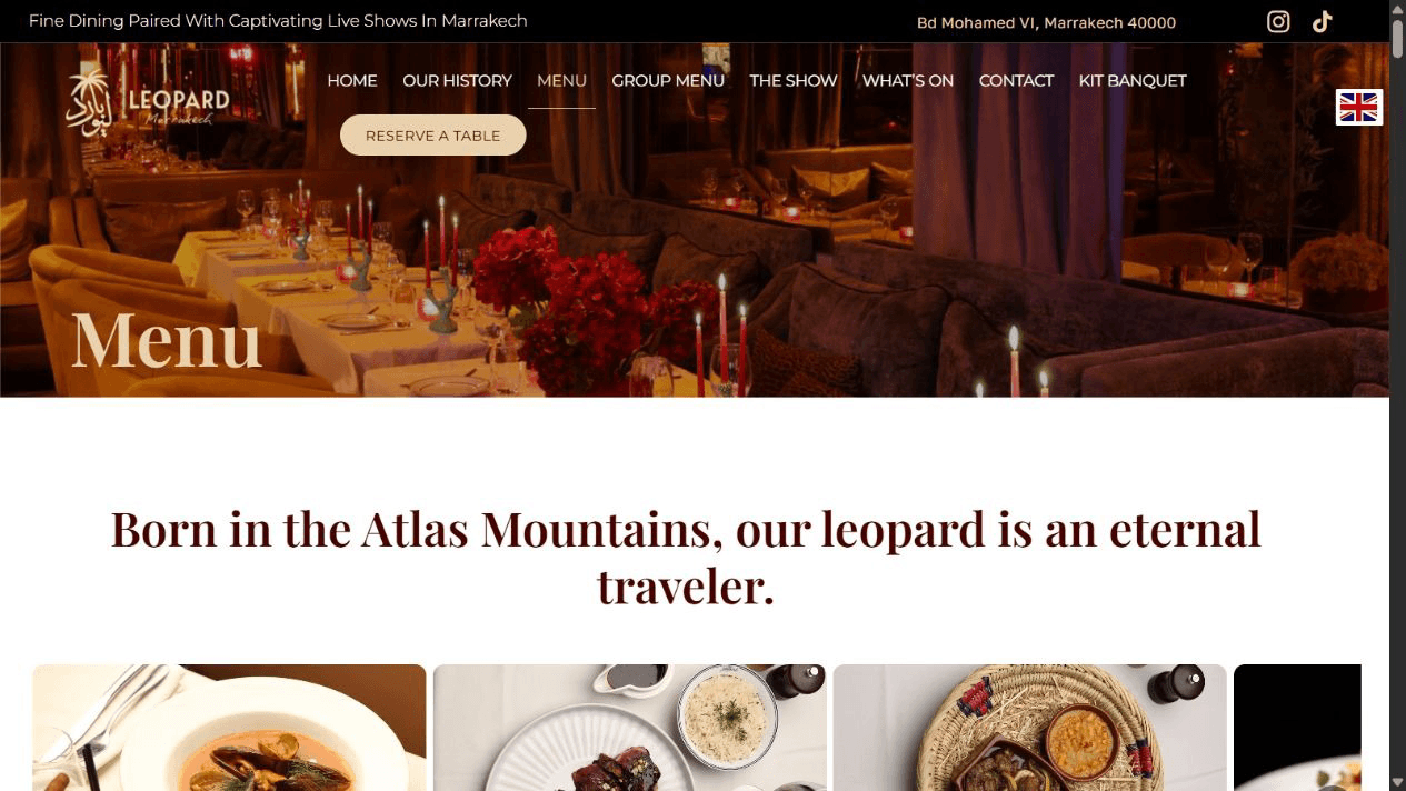 Leopard Marrakech — La carte reste lisible et hiérarchisée, sans rompre l'atmosphère du reste du site.