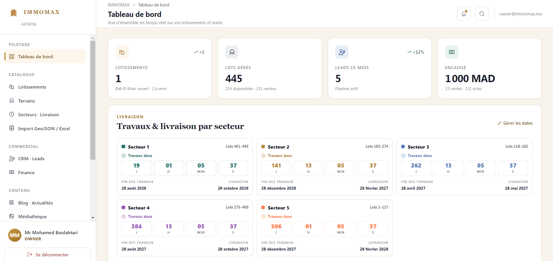 ImmoMax — Maquette de tableau de bord conçue en interne par WeBrandUp pour illustrer une gestion possible des lots. Ce n'est pas une interface en production et aucune donnée affichée n'est réelle.