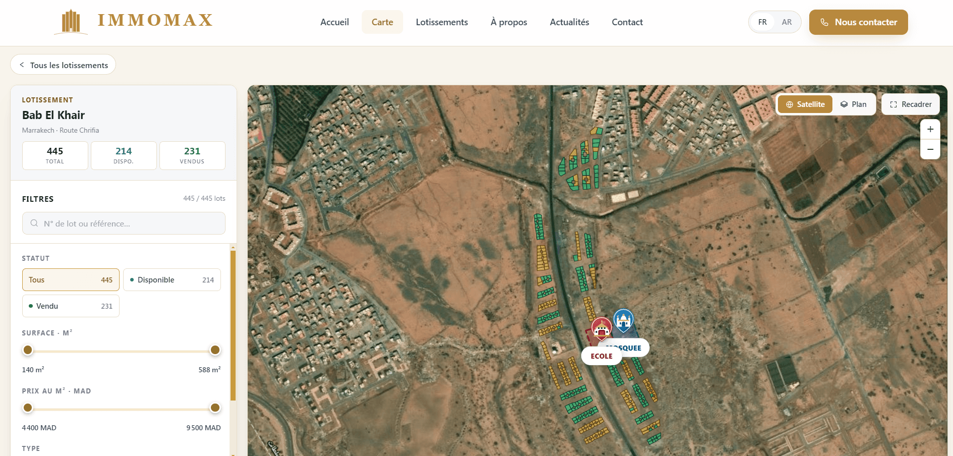 ImmoMax — La carte du lotissement rend le plan navigable : les lots se sélectionnent directement.