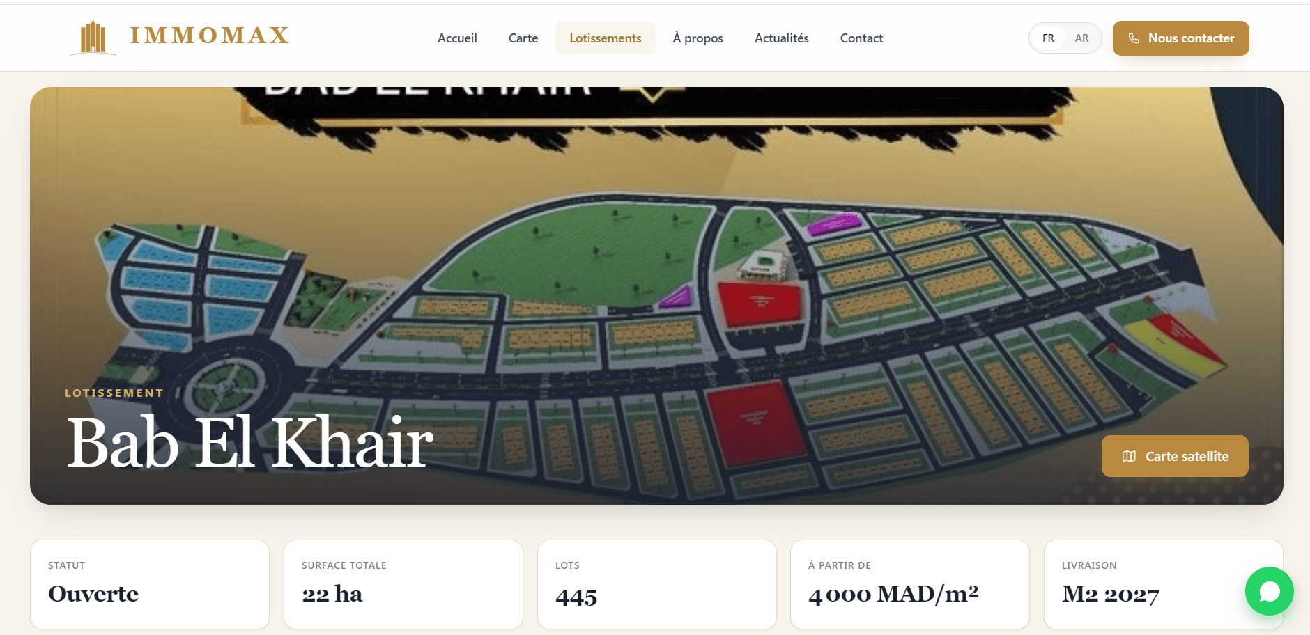 ImmoMax — La page projet installe le lotissement comme une adresse, avec sa villa témoin et son environnement.